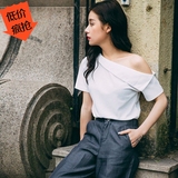 【天天特价】2016夏季新款韩国代购性感露肩斜肩翻领短袖雪纺上衣