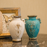 欧式复古美式做旧花器 迷你小号浮雕双耳陶瓷花瓶 家居饰品摆件