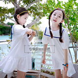 2016新款女童白色海军风连衣裙夏季薄款韩版12岁女孩纯棉短袖裙子