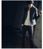 新款韩版潮流男士西服学生修身中山装黑色青年休闲小西装外套薄