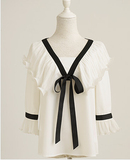 白衬衫女粉红大布娃娃预2016夏季女装新款韩版系带蝴蝶结雪纺上衣