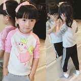 2016春秋季新款童装女童上衣纯棉长袖打底衫中小童粉红猪小妹T恤