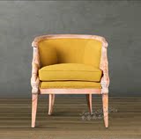 美式做旧风化白实木布艺单人沙发 休闲老虎椅手工雕花复古沙发