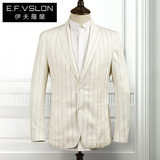 EF男装 2016秋装新款白色条纹韩版修身休闲西服 全亚麻小西装外套