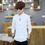夏季男士衬衫长袖青少年修身薄款纯棉衬衣韩版男装纯色学生上衣服