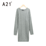 A21女装圆领长袖毛衣 春季新品 甜美中长款加厚打底保暖毛织