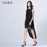 Amii2016秋冬季圆领大码长裙修身拼接纯色套头雪纺单件女连衣裙