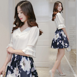 2016春夏新款短裙套装 韩版蕾丝雪纺衬衫上衣印花蓬蓬裙套装女潮