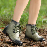 2015春秋冬新牛皮女军绿色棕色圆头中跟褶皱系带短靴单靴个性时尚