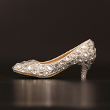 尊贵白色水晶婚鞋水钻低跟防滑舒适礼服鞋浅口尖头镶钻婚纱鞋