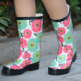 韩版女式雨鞋中筒平跟雨靴牡丹花女鞋天然橡胶防水防滑胶鞋春秋鞋