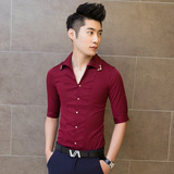 夏季短袖衬衫韩版时尚修身男士七分袖衬衣修身潮流中袖纯色上衣