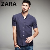 Zara男装短袖衬衫 香港代购新款修身夏装男士简约中国风纯色衬衣
