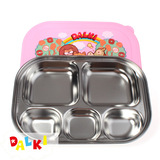 韩国进口餐具 DALKI不锈钢儿童餐盘加深加厚 五格 长方形带盖餐盒