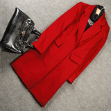 2015秋冬新款女式纯羊毛羊绒大衣西装领简约直身中长款外套大红黑