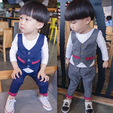 男童韩版1-2-3-4-5岁假两件格子裤英伦风男小童套装两件套送领结