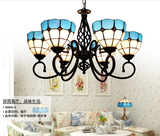 地中海铁艺吊灯客厅餐厅简约欧式时尚玻璃灯罩卧室灯具蓝色6头