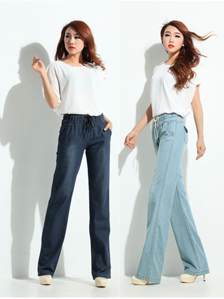 薄棉高腰松紧腰直筒宽松牛仔裤女夏季长裤子阔腿大码亲肤透气女裤