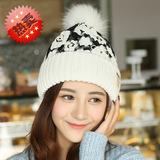 韩国版潮女冬季毛线帽子蕾丝印花加绒加厚针织帽子防寒保暖护耳帽