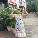 夏季女装韩版小清新花朵字母印花短袖连衣裙+网纱半身长裙女 套装