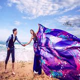 2015影楼主题服装男女外海景沙滩写真紫色飘逸长拖尾婚纱情侣礼服
