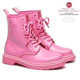 2015冬季新款真皮8孔马丁靴甜美粉色高帮系带平底平跟短靴女棉靴