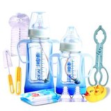 爱得利玻璃奶瓶套装婴儿宽口径防摔奶瓶带吸管保护套 蓝色赠S孔奶