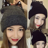 韩国代购蕾哈娜蕾丝水钻可爱猫耳朵针织毛线帽子女秋冬天新款