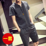 夏季男士短袖t恤韩版修身青年亚麻棉麻半袖棉麻V领体恤运动套装男