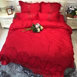 婚庆四件套全棉60支埃及长绒棉结婚床上用品大红色提花蕾丝4件套
