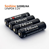 Soshine正品磷酸铁锂5号14500充电电池电压3.2V700毫安比镍氢好用