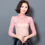 2016春装大码女装韩版长袖高领网纱蕾丝衫打底衫短款修身小衫薄款