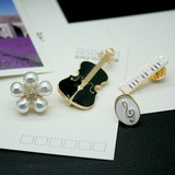 时尚钢琴小提琴珍珠花朵音符黑白珐琅彩四件组合胸针胸花领针女