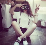 2016春季新款短袖韩版原宿风字母上衣立体装饰背带T恤女学生学院