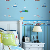 地中海蓝色无纺布墙纸 儿童卡通男孩小汽车条纹壁纸 卧室床头背景