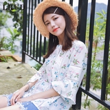 LRUD2016夏季新款韩版小清新印花宽松中袖衬衫女喇叭袖圆领衬衣