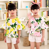 韩国女童t恤短袖纯棉中大童夏季韩版柠檬印花宝宝荷叶边宽松上衣