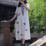 夏季新款原创中国民族风女装亚麻文艺复古刺绣大码棉麻连衣裙袍子