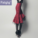 Palglg2016春装新款女装修身复古荷叶边高腰蕾丝包臀鱼尾半身裙
