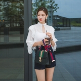 2016秋装新款韩版女装宽松雪纺喇叭袖上衣修身双排扣两件套装短裤