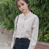 2016春夏韩版女装上衣棉麻细条纹立领长袖衬衫韩范复古女学生衬衣