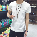 夏季男士短袖棉麻T恤男韩版青年拼接T恤衫大码修身男装亚麻体恤潮