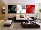 客厅抽象发财树装饰画　红黑白招财画　现代简约无框画三联画壁画