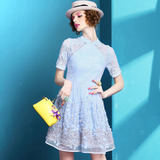 莫恩索2016夏装新款女欧美高端名媛气质欧根纱蕾丝立体花朵连衣裙