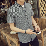 夏季青年韩版修身半袖衬衣时尚薄寸衫男士休闲格子短袖衬衫男装潮