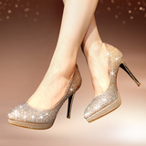 水钻金色水晶鞋灰姑娘新娘婚鞋高跟细跟尖头浅口单鞋防水台女鞋子