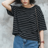 2016夏季女装日系简约韩版条纹t恤女 韩版宽松短袖T恤 棉蝙蝠袖