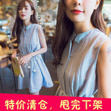 2016夏装新款无袖棉麻连衣裙女装韩版时尚宽松立领系带收腰衬衫裙