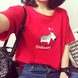 夏季女子宽松短袖t恤衫韩国学生红色印花百搭女的体恤韩版上衣服