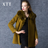 xtt2015秋冬女装新款中长款高端狐狸毛领妈妈装羊毛呢外套大衣女